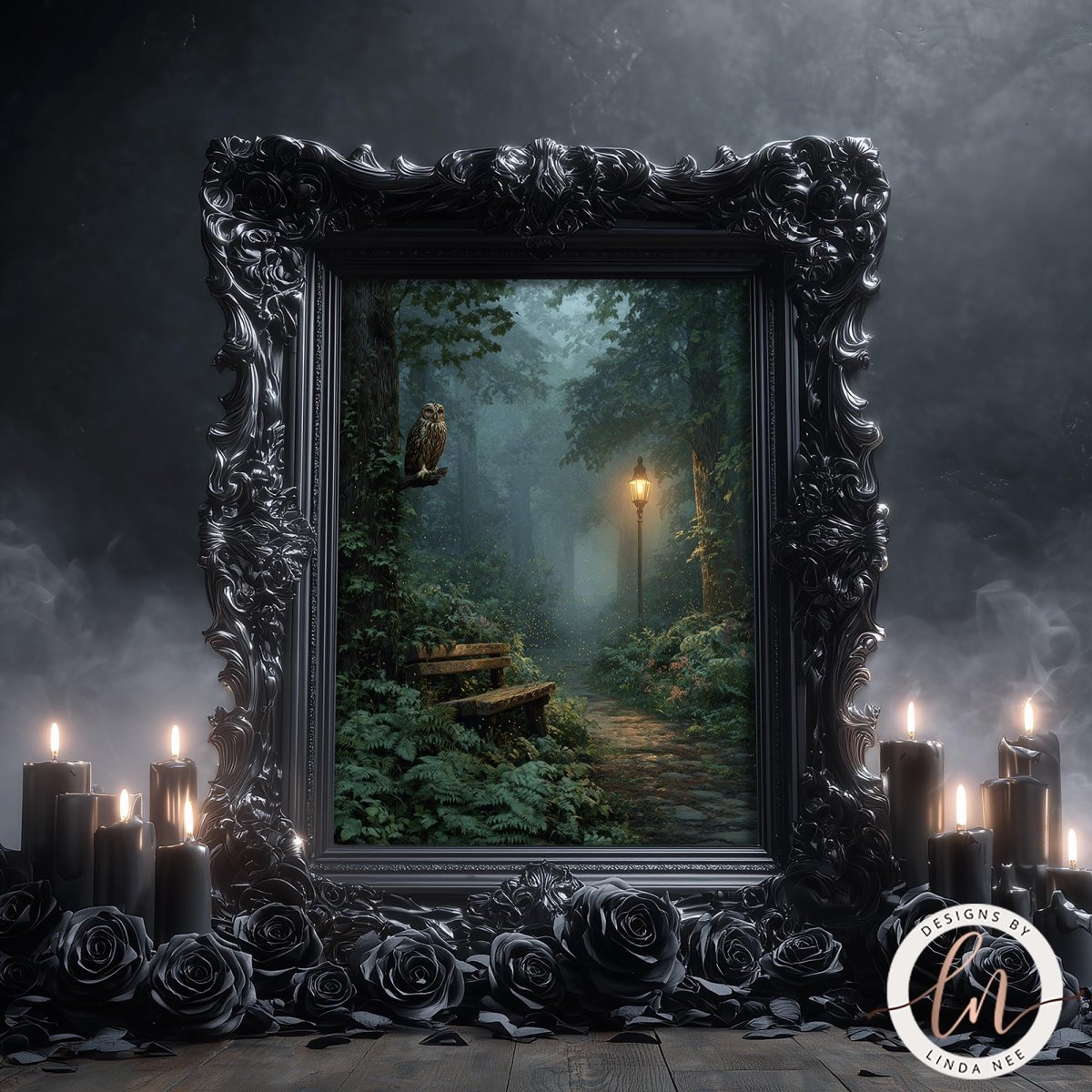 a dark, moody forest scene with a glowing lantern in the center, surrounded by candles and a black ornate frame.