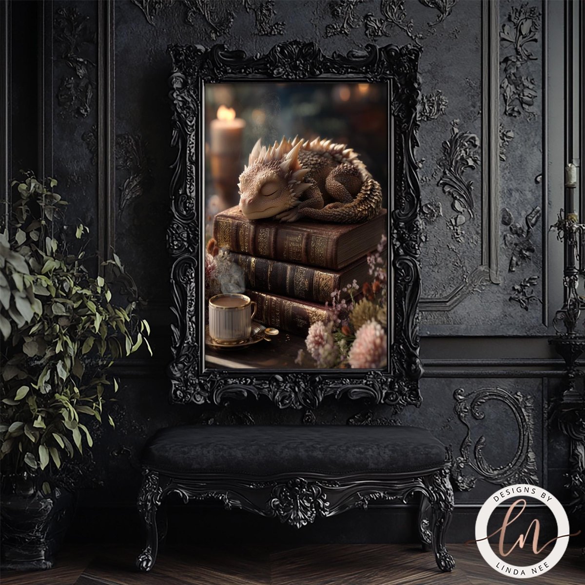 A framed image of a sleeping dragon resting on a stack of books, surrounded by flowers and a cup of tea, set against a dark, ornate background.
