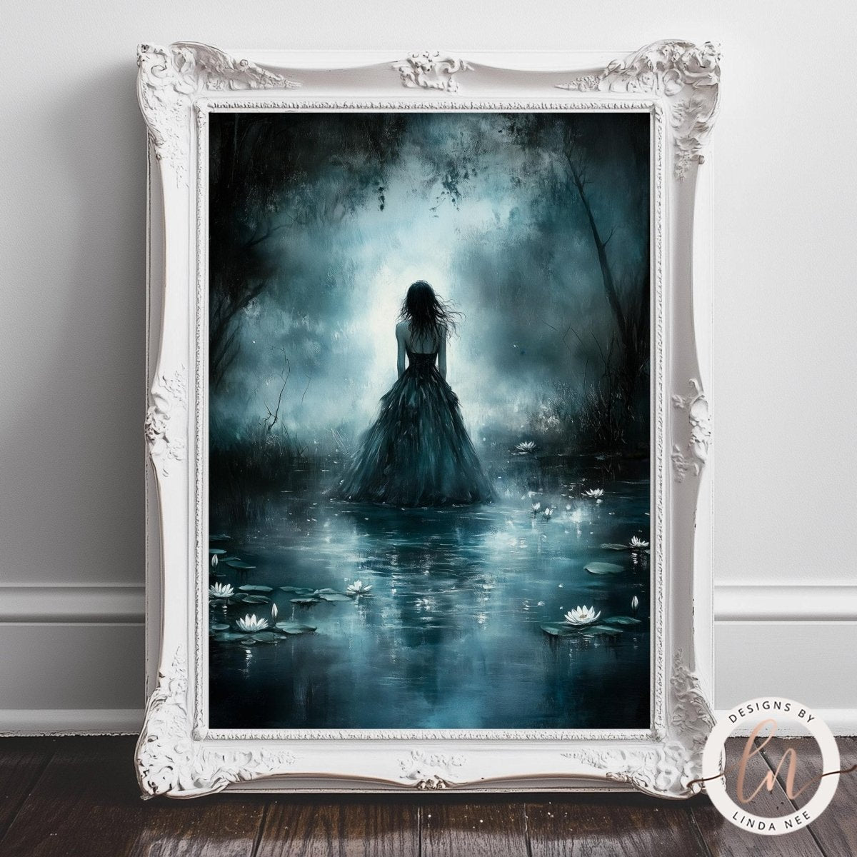 Woman among floating lily pads in a serene, otherworldly pond