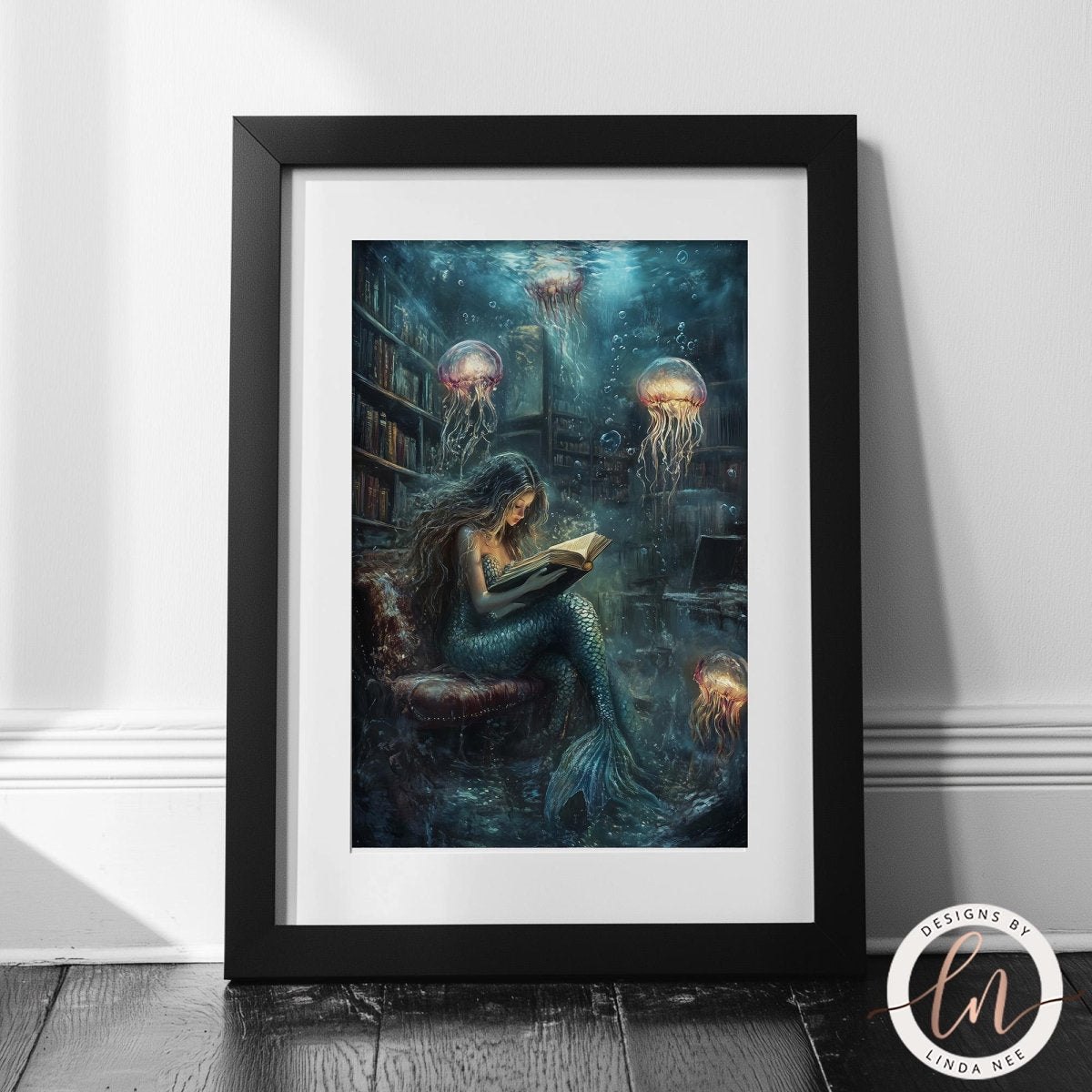A mermaid is reading a book while surrounded by jellyfish in a fantastical underwater scene.