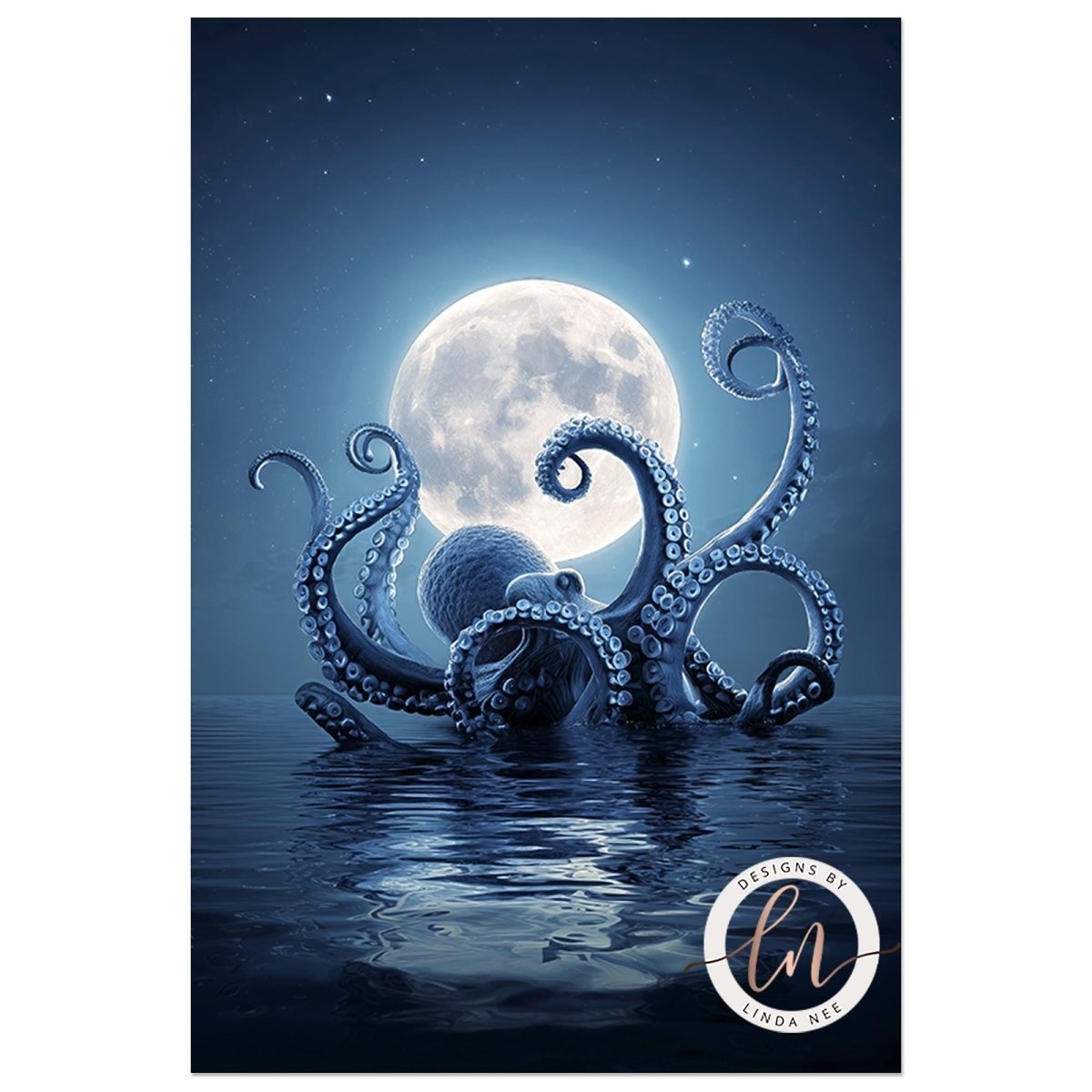 A large, full moon shines brightly over a tranquil body of water, illuminating a giant octopus with its tentacles spread out in the foreground.