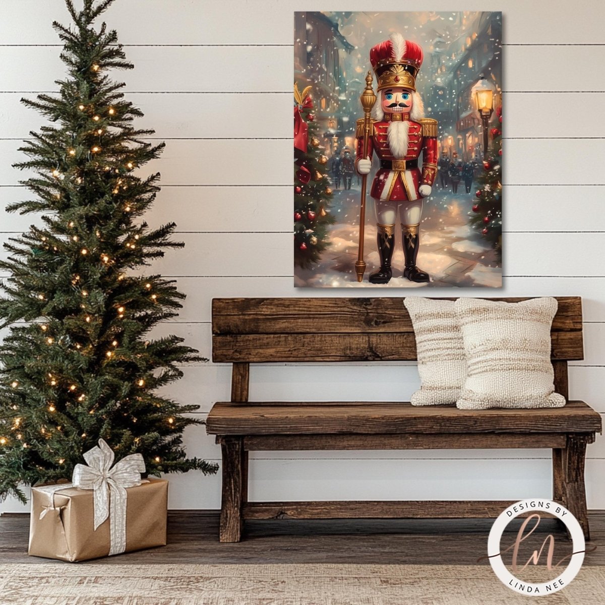 Nutcracker soldier print shown above a wooden bench beside a lit tree