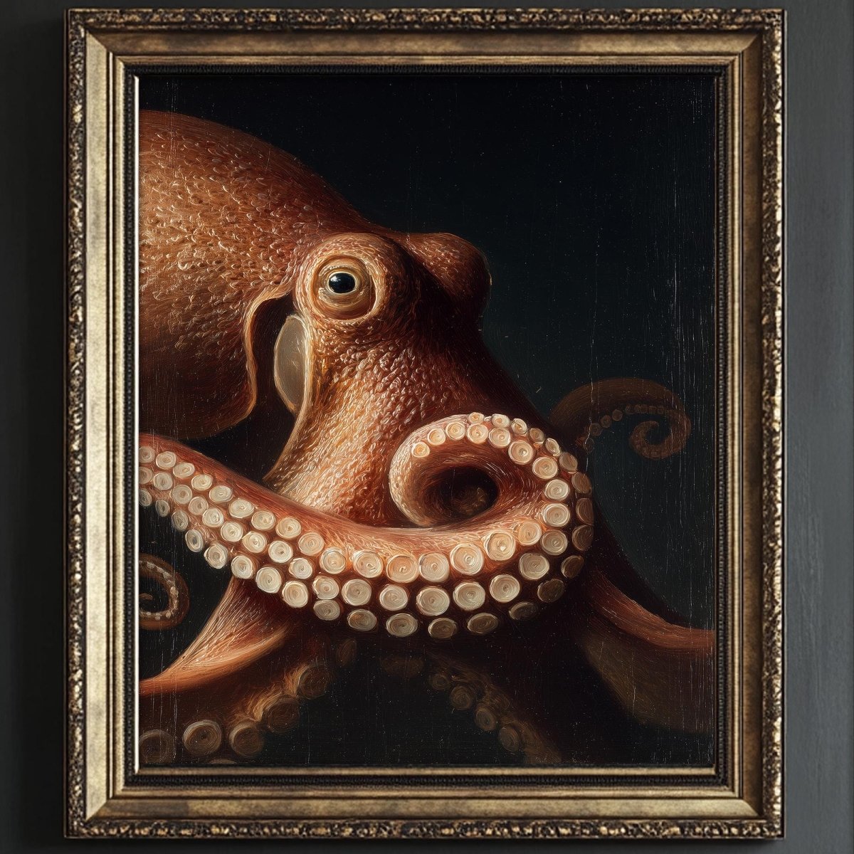 a large, brown octopus with its tentacles spread out, creating a striking and detailed visual.