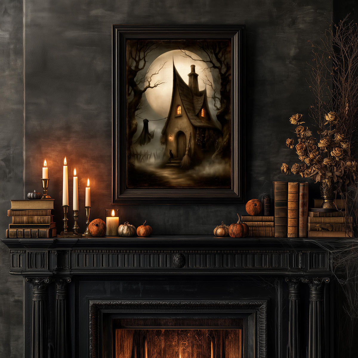 Dark room with a fireplace, candles, pumpkins, and books below the cottage print