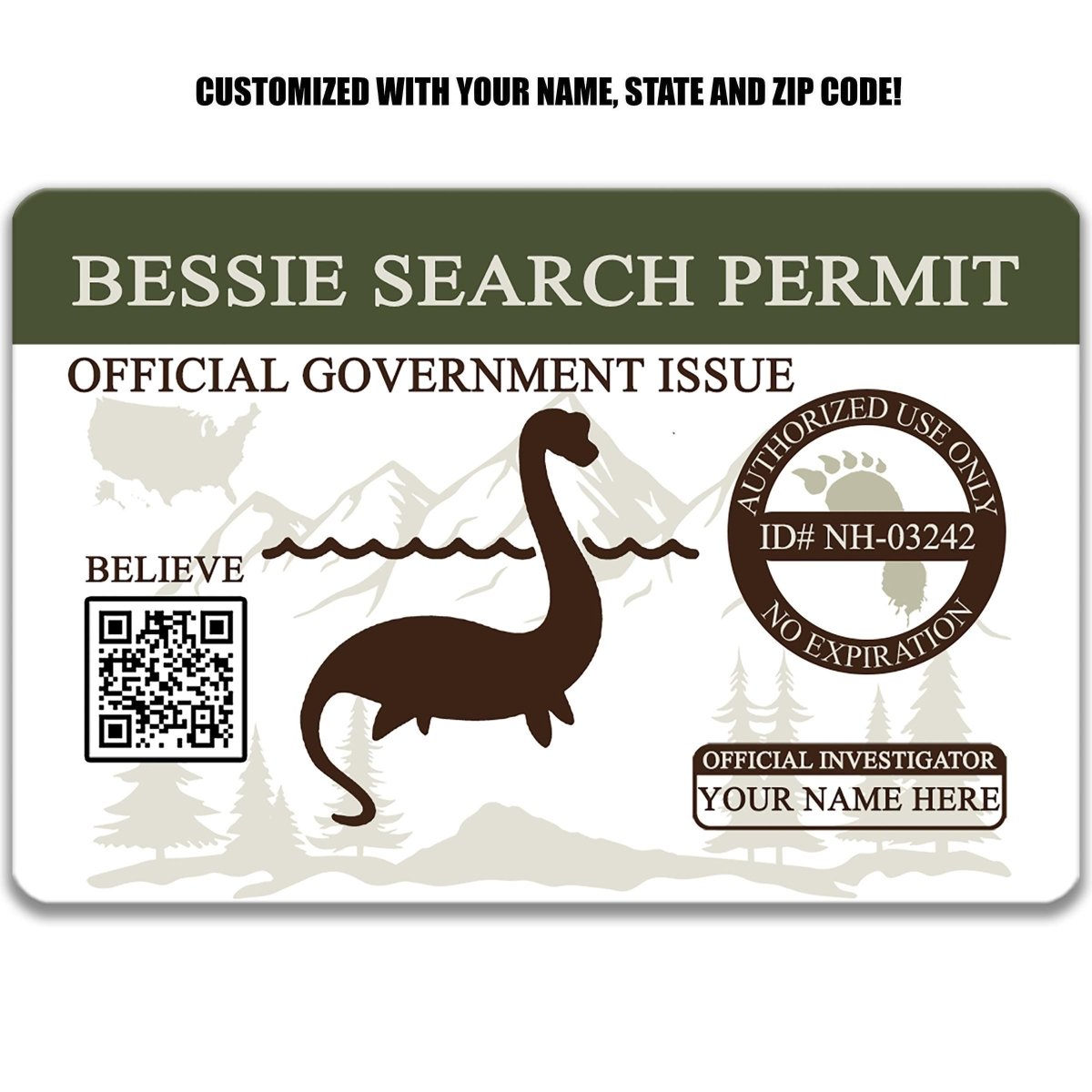 The image is a customized search permit for a Nessie, a mythical sea creature, with a QR code and a custom name, state, and zip code.