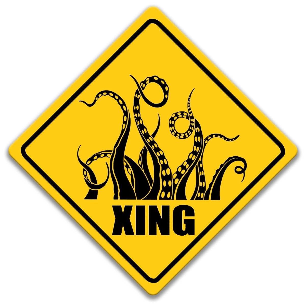 Beware of Kraken XING sign, yellow diamond shape, black and white tentacle illustration above XING text
