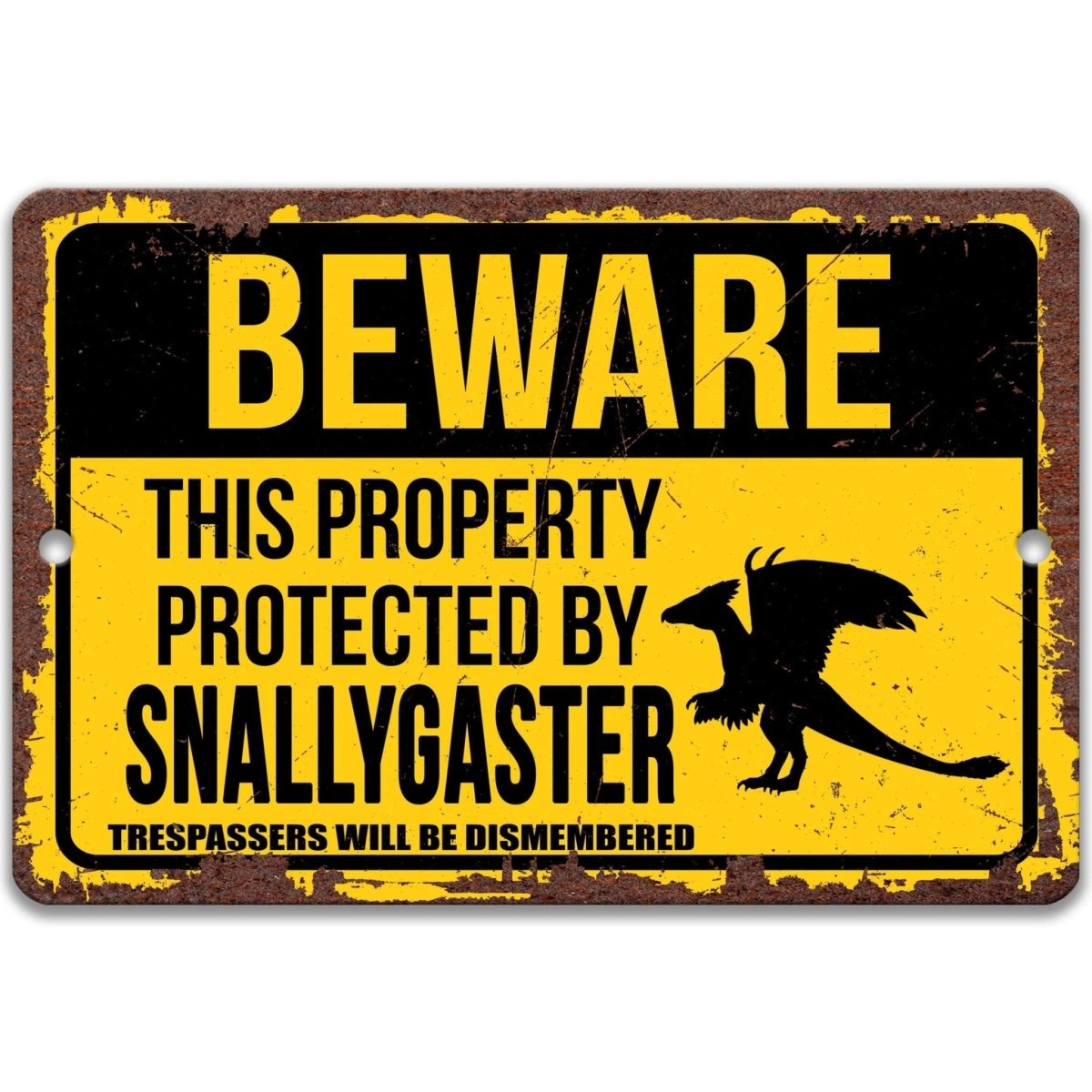 Beware of Snallygaster property sign, clean glossy finish, bold winged cryptid silhouette and warning text