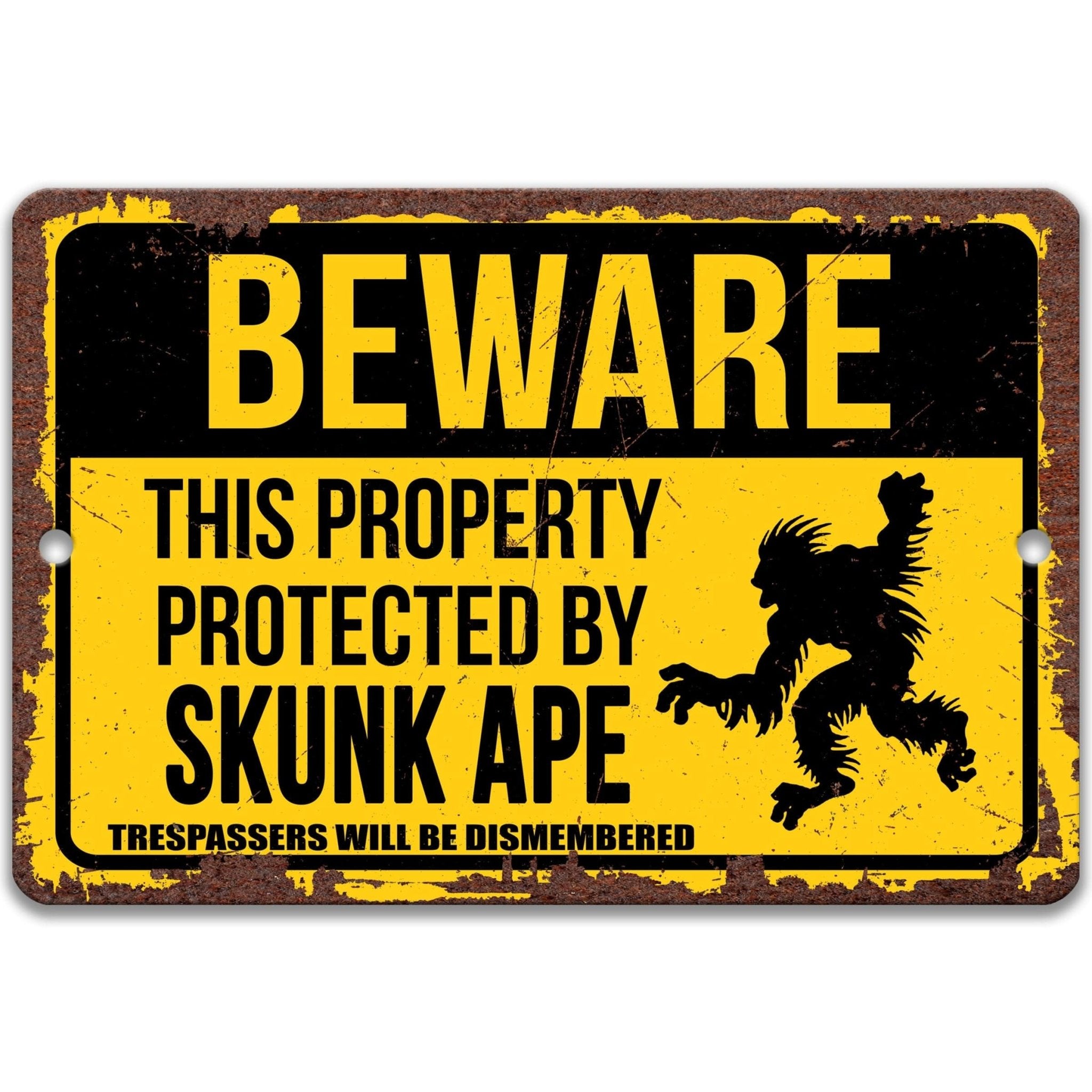 Beware This Property Protected by Skunk Ape No Trespassing Humorous Warning Metal Signanimal
