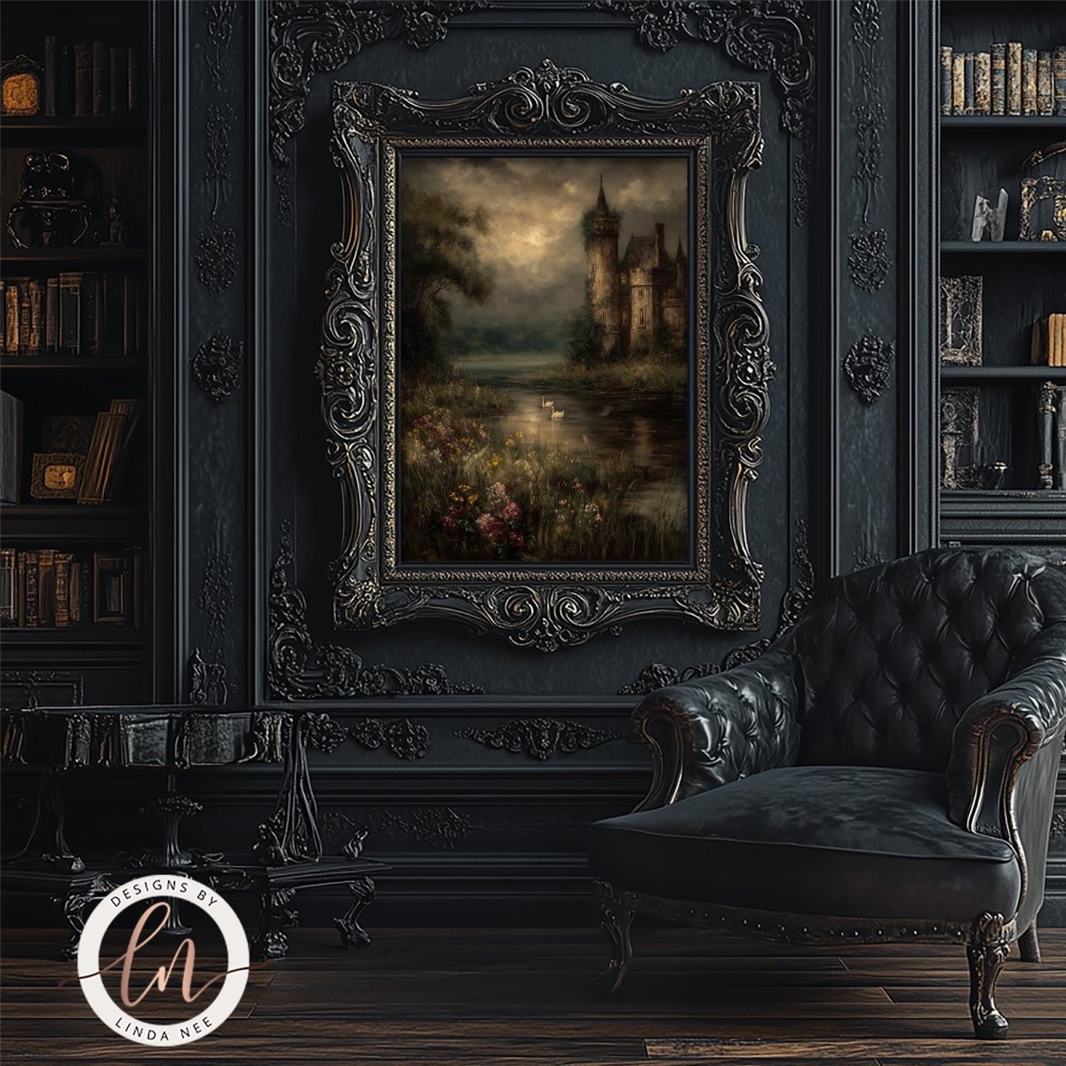 a dark, ornate room with a large, ornate painting of a castle and a lake in the background. The room has a black leather chair and a bookshelf filled with books. The overall atmosphere of the room is dark and moody, with the painting adding a touch of elegance and sophistication.