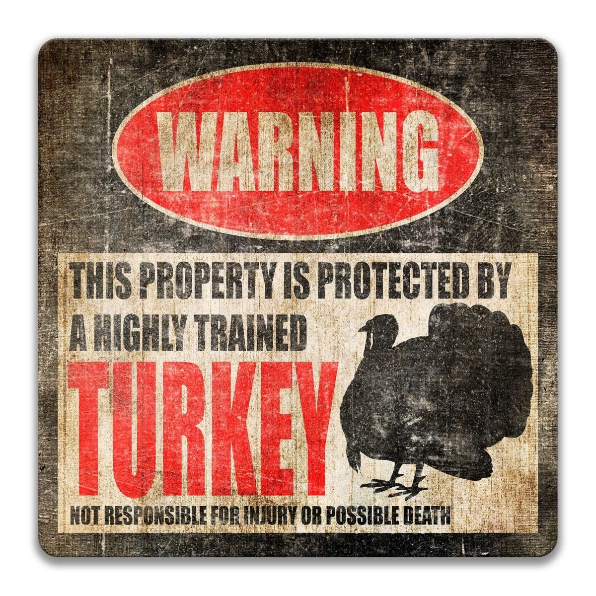 Turkey warning sign, red WARNING banner and large turkey silhouette, funny Turkey lover gift, aluminum with rounded corners
