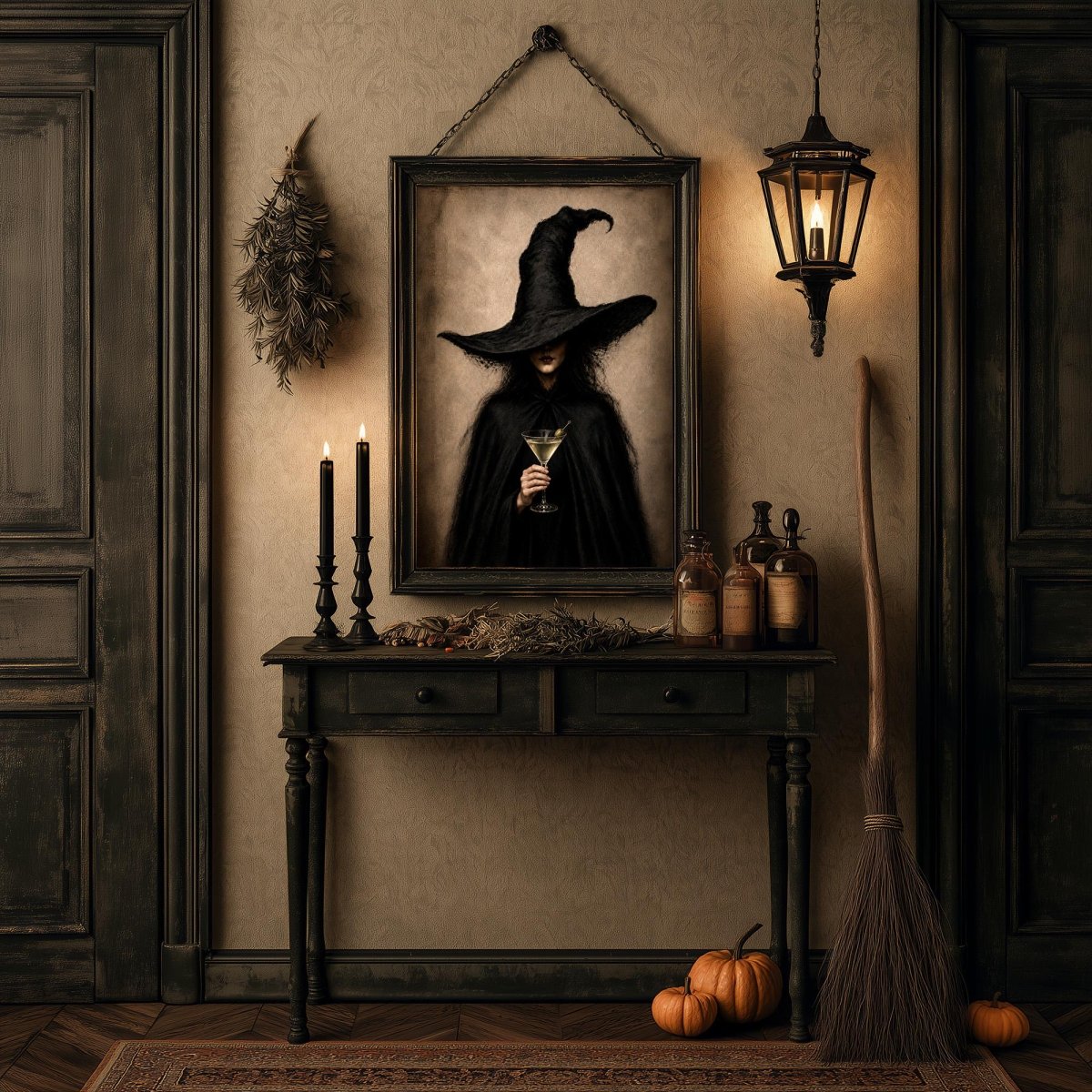 Gothic witch martini portrait on a dark wall above a table of candles, bottles, and pumpkins