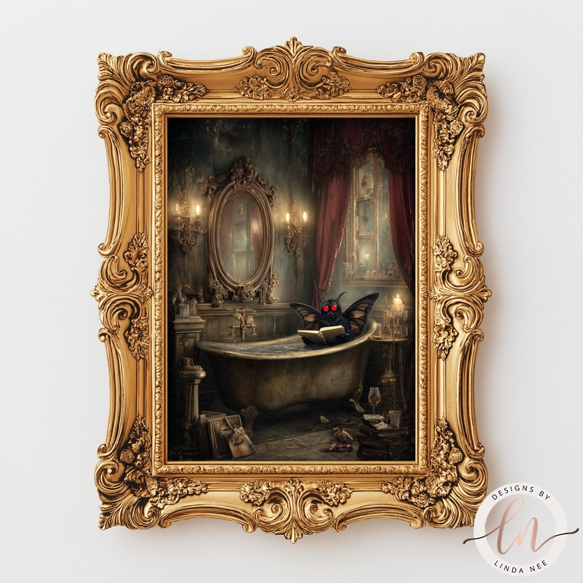 The image is a framed painting depicting a bat sitting in a bathtub, surrounded by various objects and a mirror in an ornate, gilded frame.