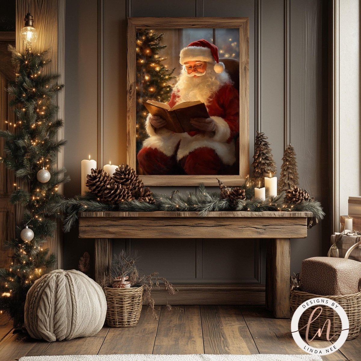 Vintage Santa reading print displayed with pine cones, candles and a lit tree