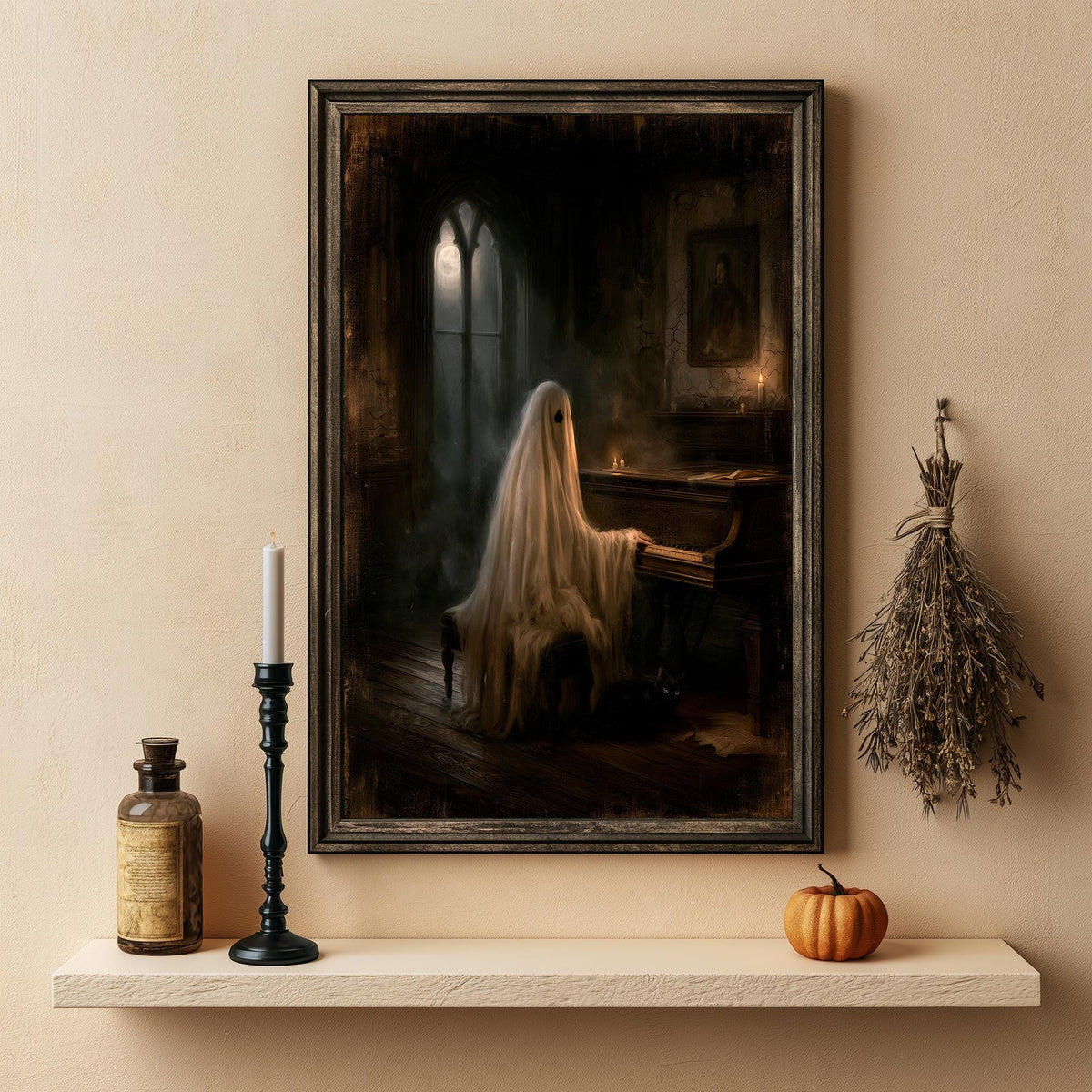 Ghost piano wall art above a shelf holding a candle and an apothecary bottle