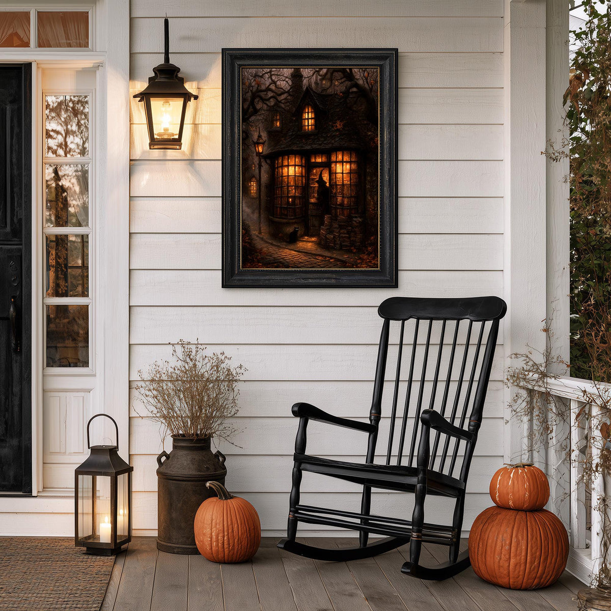 Porch with a black rocking chair, two pumpkins, and a lantern beside the print