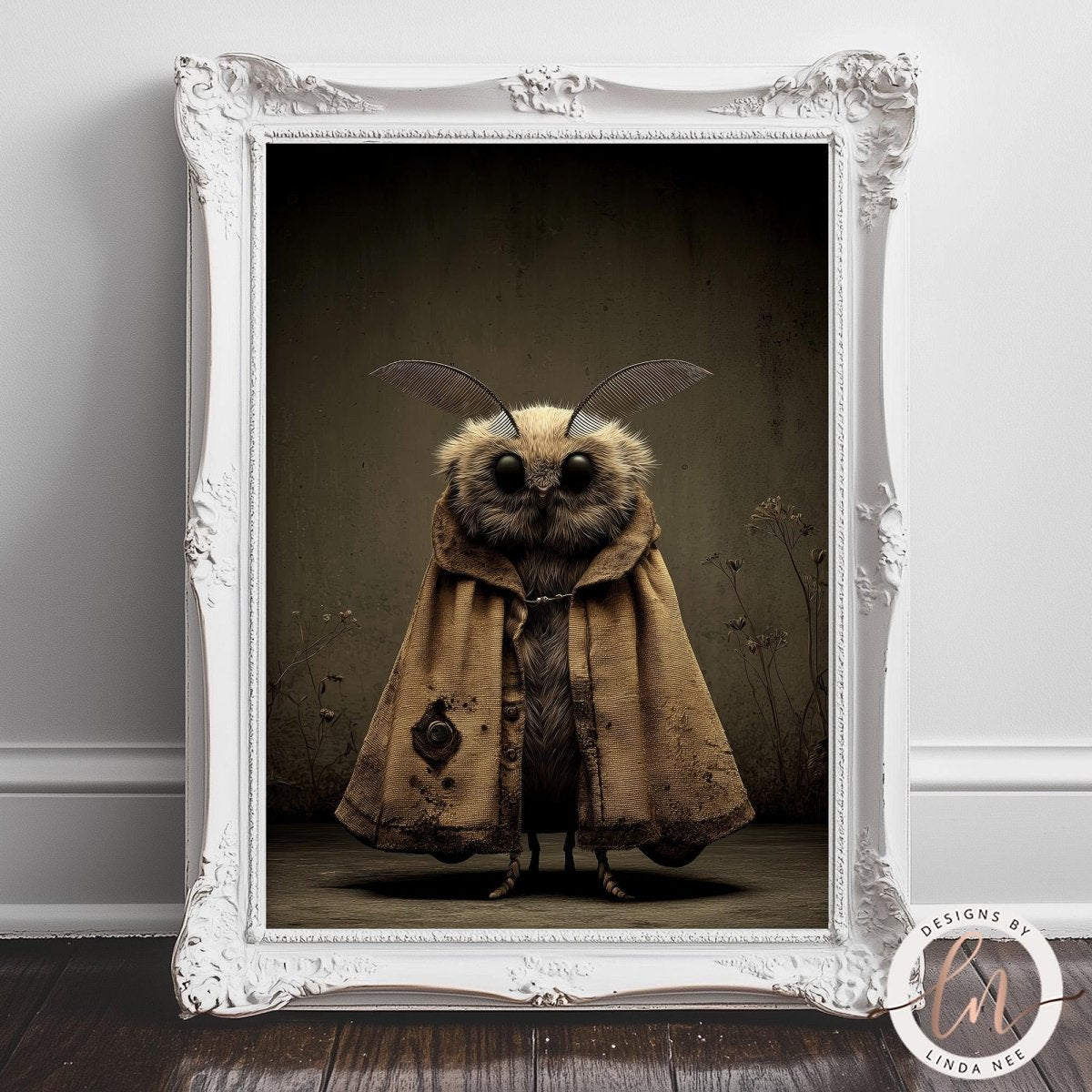 A framed image depicting a large moth with a brown fur coat and large eyes, standing against a dark background.