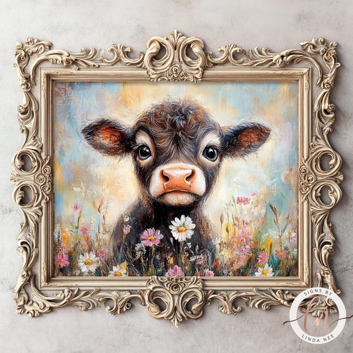Cow surrounded by a field of colorful flowers