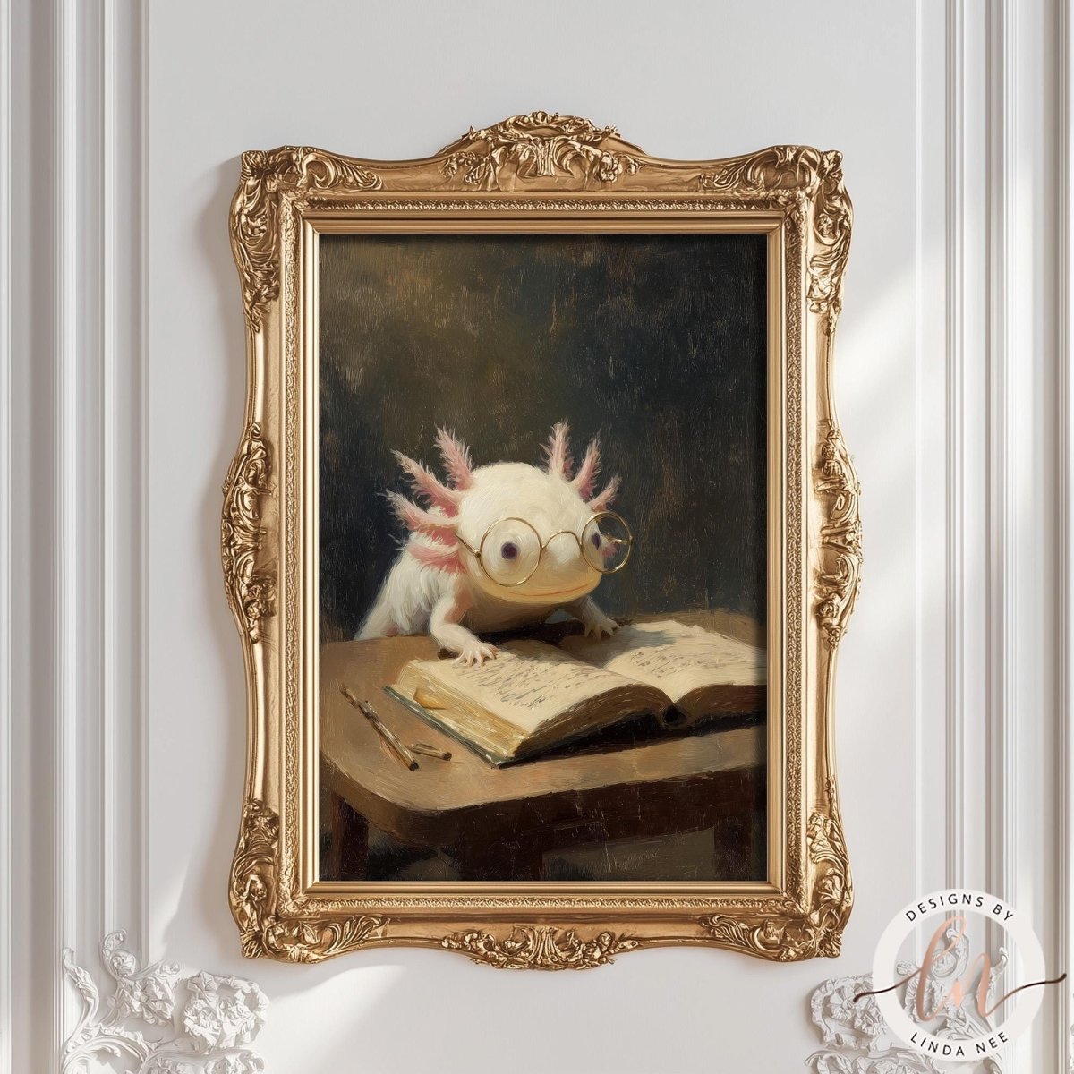 The image is a painting of an axolotl, a type of salamander, sitting at a desk and reading a book.