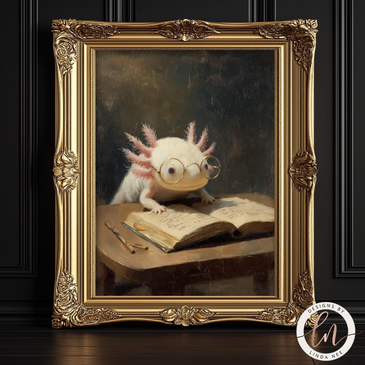A painting of a white amphibian, possibly a salamander or lizard, wearing glasses and sitting at a table with an open book in front of it.