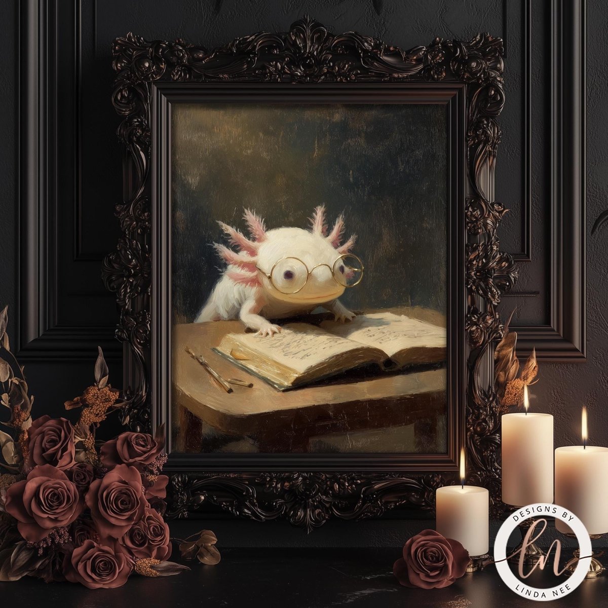 a painting of a white amphibian, possibly a salamander or lizard, sitting at a desk and reading a book. The painting is framed in an ornate wooden frame and is displayed on a dark background. The painting is surrounded by candles and flowers, creating a cozy and intimate atmosphere.