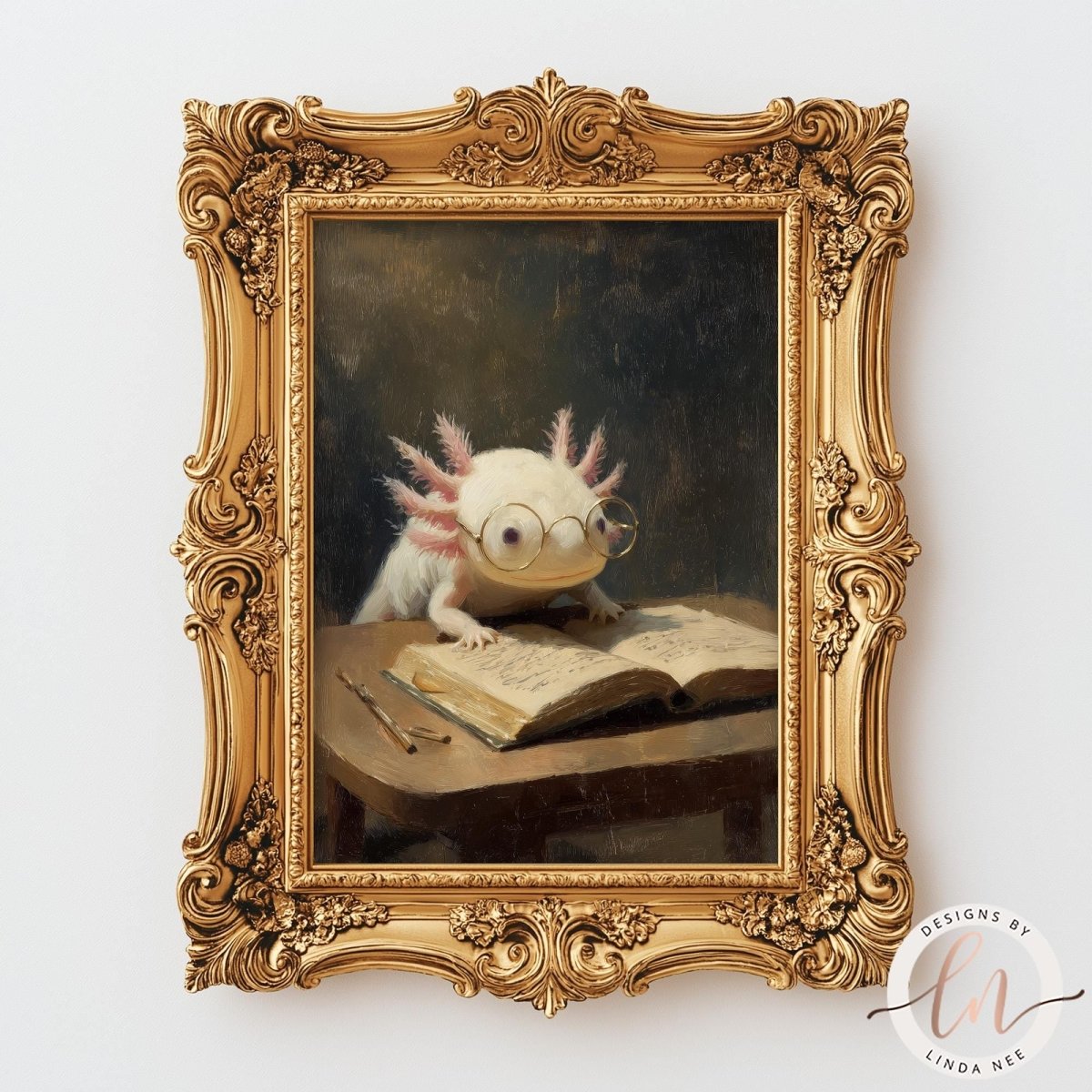 A painting of a white amphibian, possibly a salamander or lizard, wearing glasses and sitting at a desk with an open book in front of it.