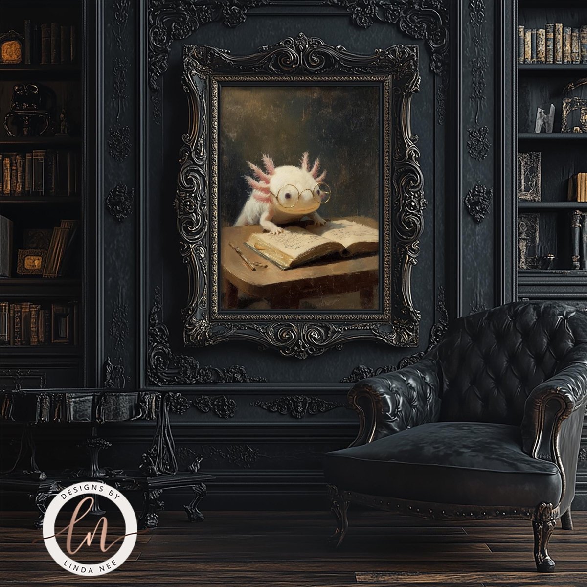 a painting of an axolotl, a type of salamander, sitting at a desk and reading a book. The painting is framed in an ornate, gilded frame and is displayed on a wall in a room with a black leather chair and a bookshelf.