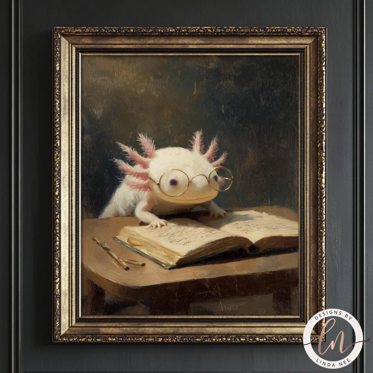 A painting of a white amphibian, possibly a salamander or lizard, wearing glasses and sitting at a desk with an open book in front of it.