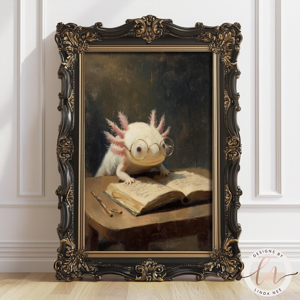 A painting of an axolotl, a type of salamander, sitting at a desk and reading a book.