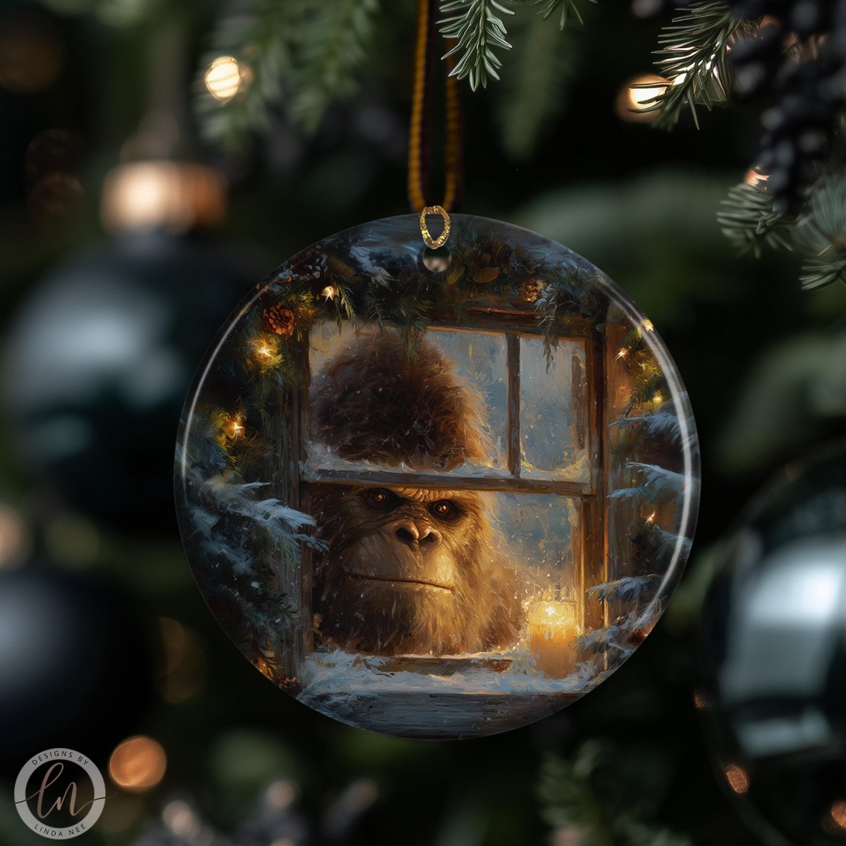 A glass ornament hanging on a Christmas tree, depicting a large, furry creature peering out from a window.