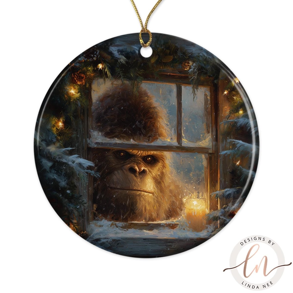A ceramic ornament featuring a large, furry creature peering out from a window, with a candle and snow visible outside.
