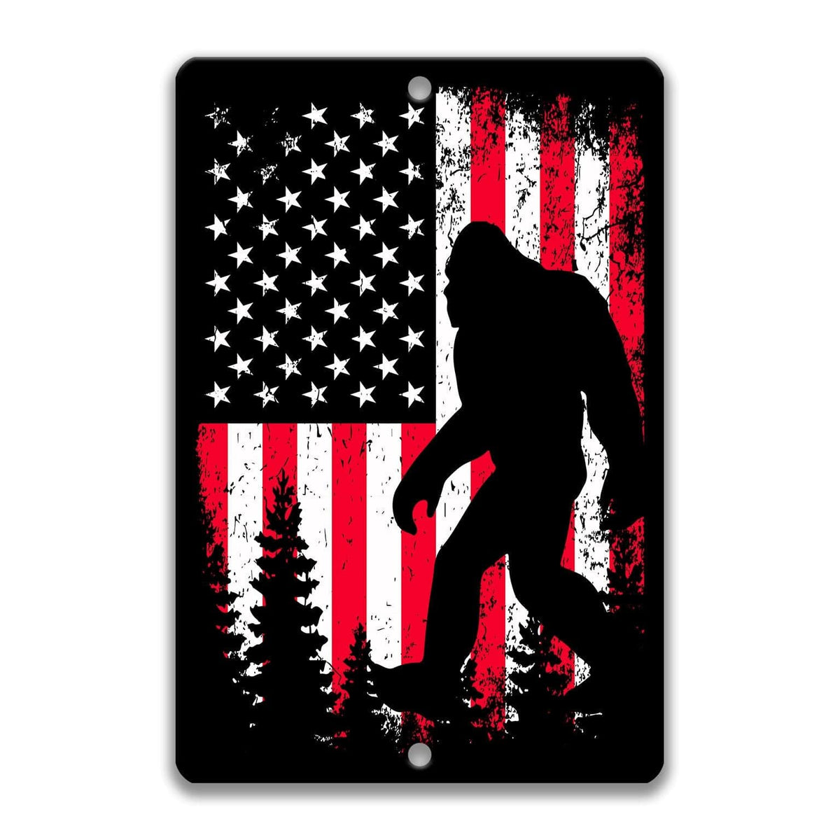 Bigfoot patriotic sign, black Sasquatch silhouette walking across a distressed American flag with red and white stripes and white stars