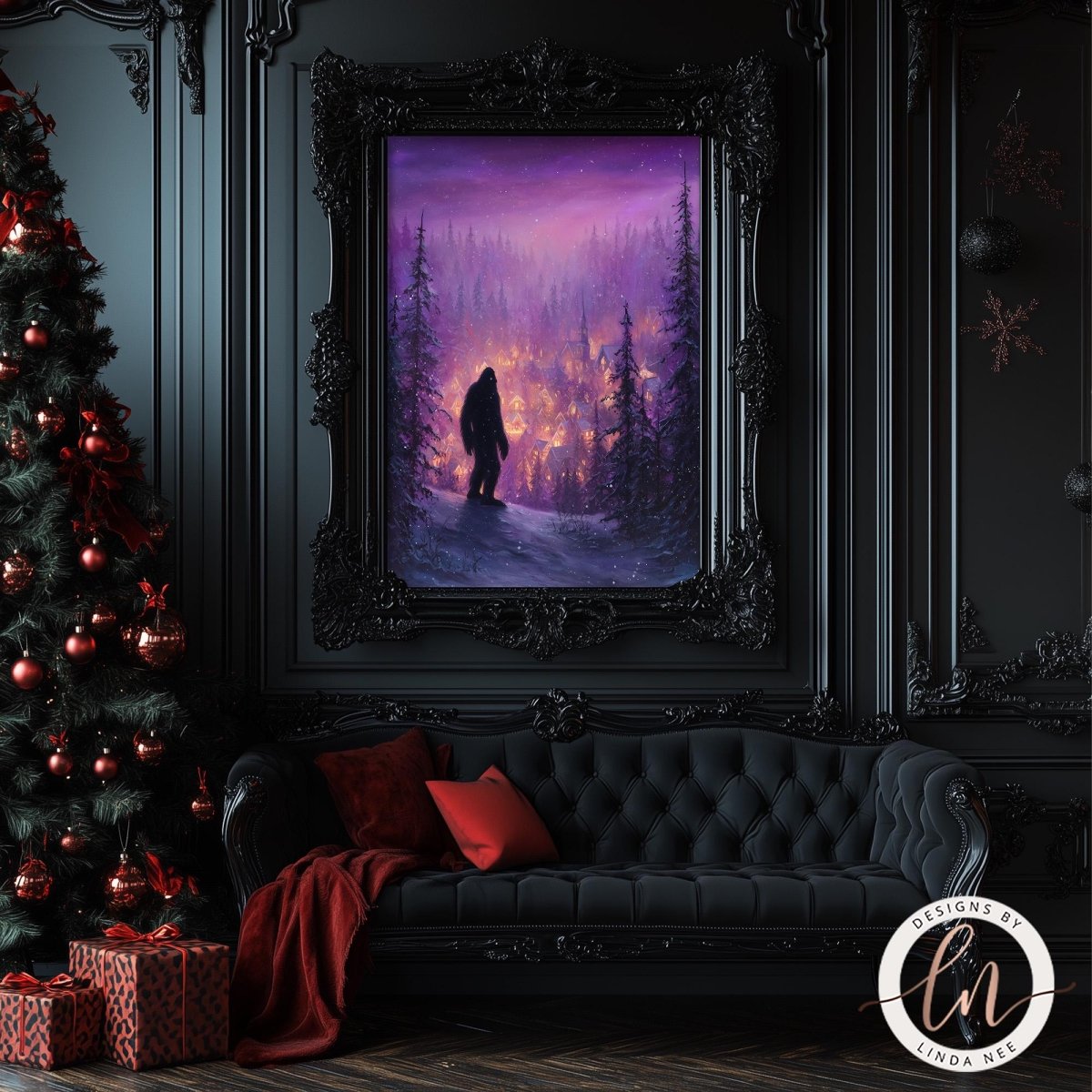 a dark, gothic-style room with a large, ornate black frame hanging on the wall. The frame contains a painting of a silhouetted figure walking through a snowy forest at night. The room also includes a couch, a Christmas tree, and some presents, creating a cozy and festive atmosphere.