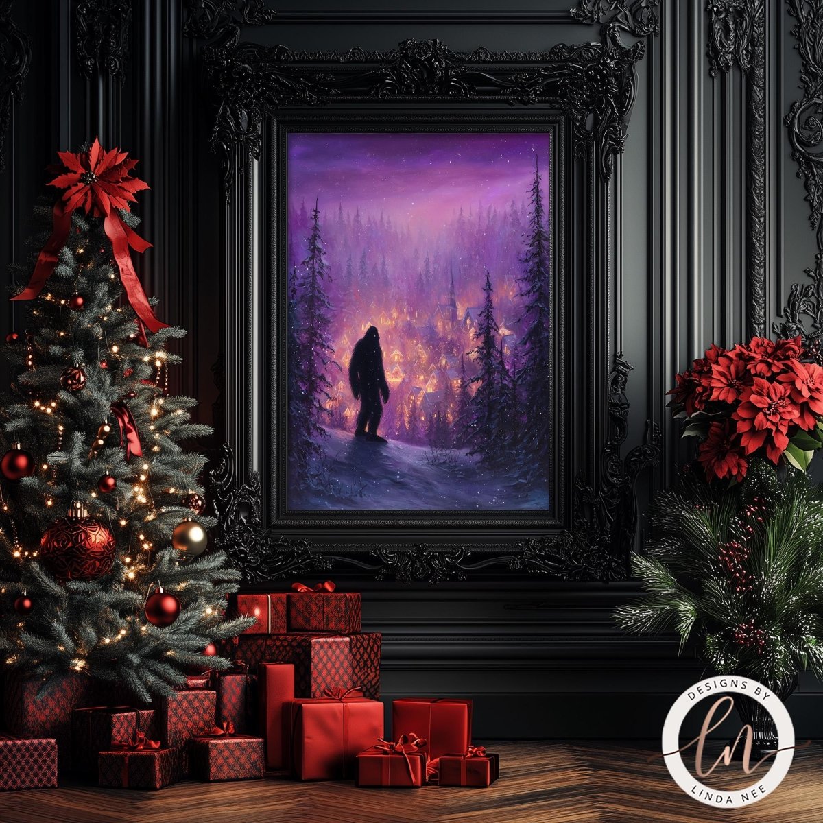 a Christmas scene with a framed painting of a person in a snowy forest, surrounded by a snowy landscape and a red poinsettia plant. The painting is displayed in a black frame, and the scene includes a decorated Christmas tree, red gift boxes, and a potted plant.