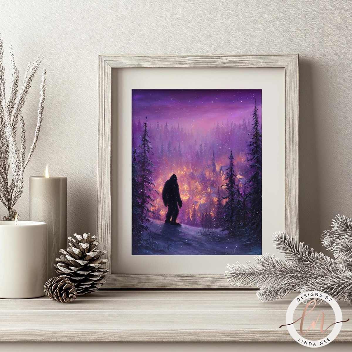 a framed painting of a silhouetted figure standing in a snowy forest at night, with a purple and orange sky in the background.