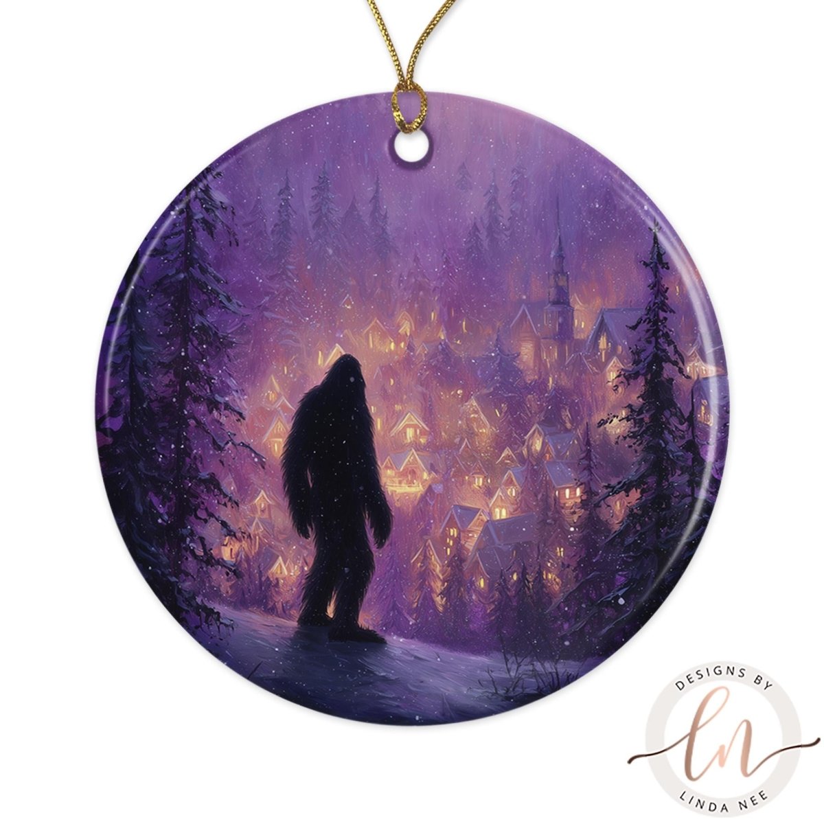 A silhouetted figure of a Sasquatch stands in a snowy village, surrounded by a winter landscape with illuminated houses and trees.