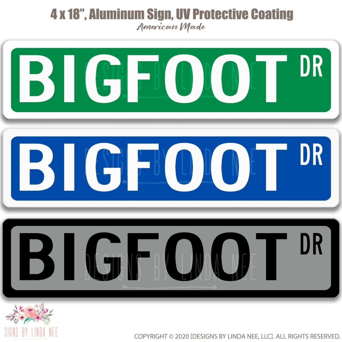 Bigfoot street name sign shown in three aluminum color options, alternate layout
