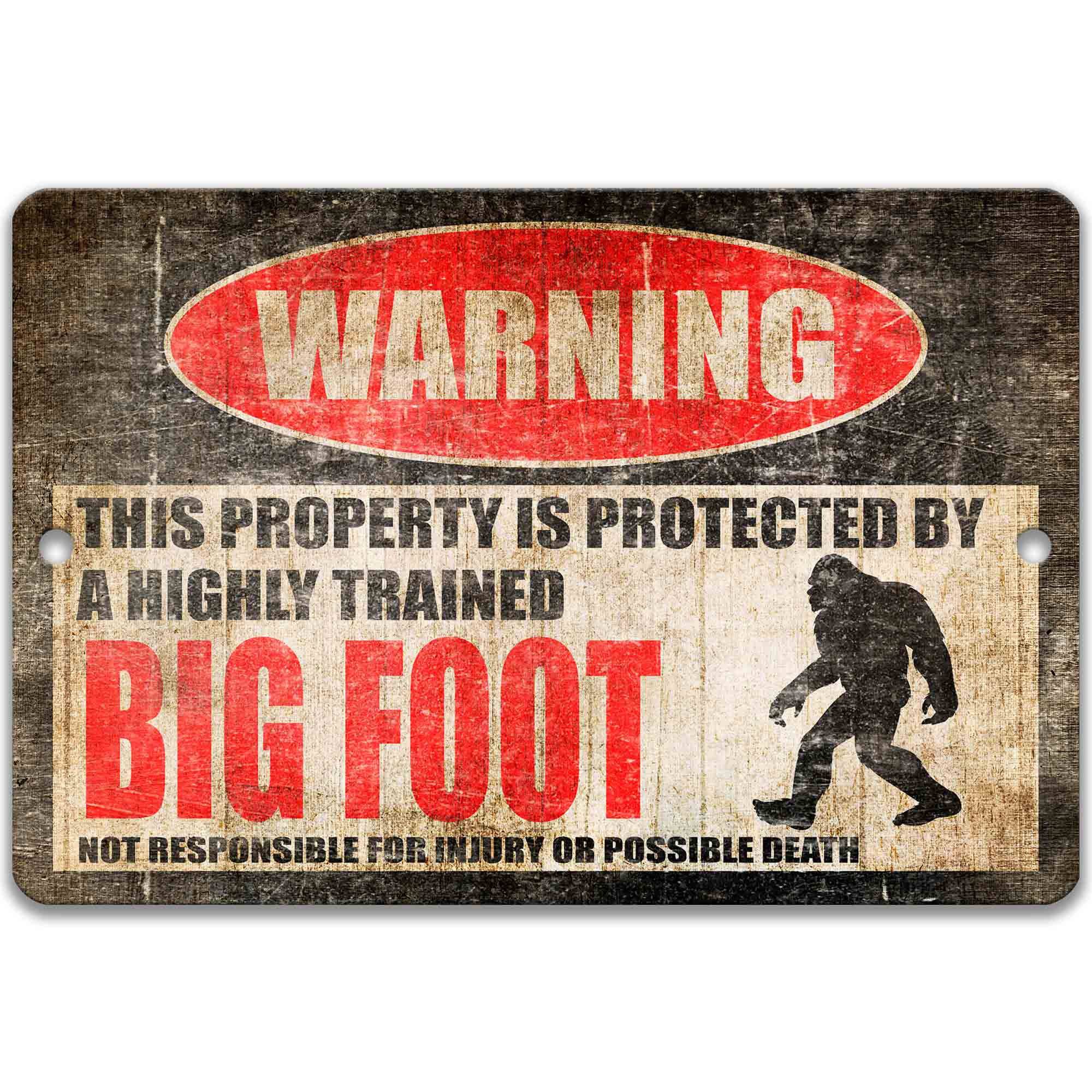 Bigfoot Warning Metal Sign - Unique Cryptid Campsite Welcome Decor for Outdoor Yard - USA Themed Sasquatch Humor