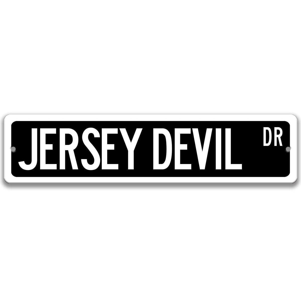 Black Jersey Devil aluminum street name sign with white lettering, alternate layout