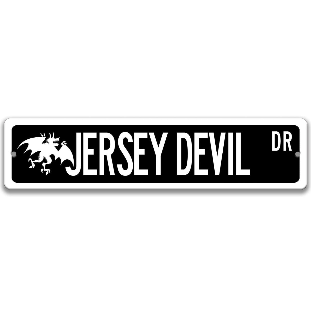 Black Jersey Devil aluminum street name sign with white lettering