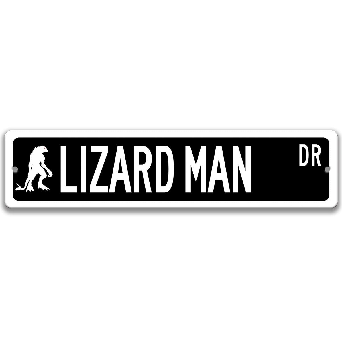 Black Lizard Man aluminum street name sign with white lettering