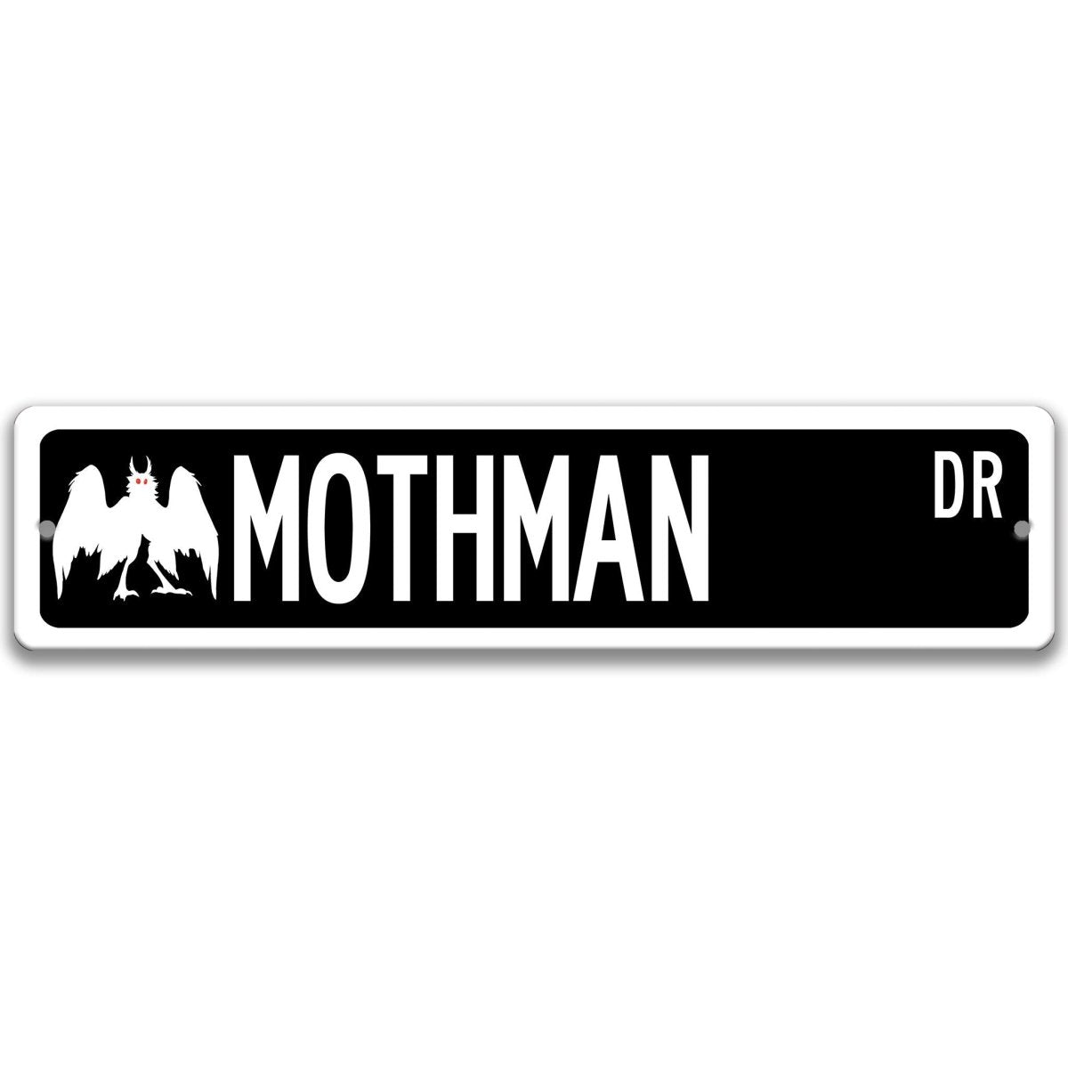 Black Mothman aluminum street name sign with white lettering, alternate layout