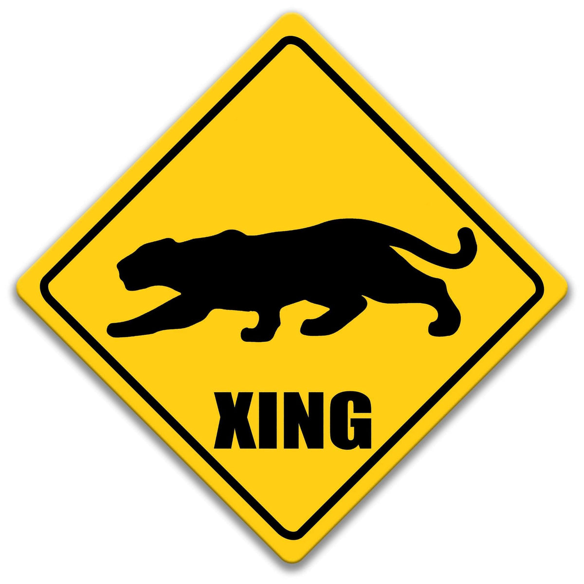 a yellow diamond-shaped sign with a black silhouette of a panther and the word "XING" written below it.