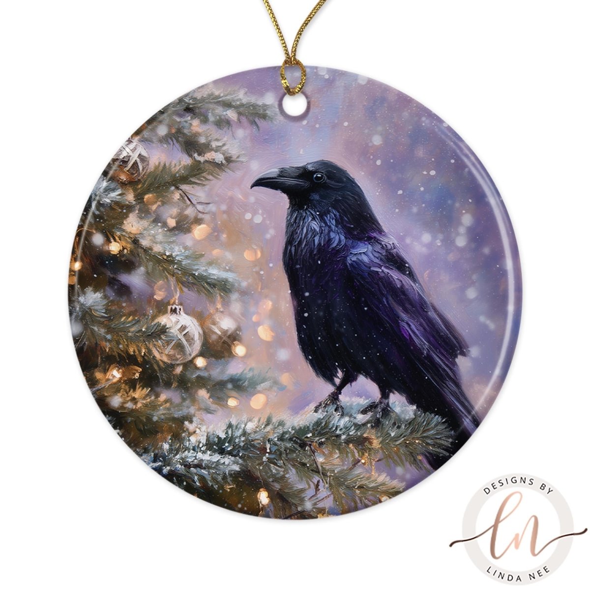 A black crow perched on a snowy branch, with a Christmas tree and twinkling lights in the background.