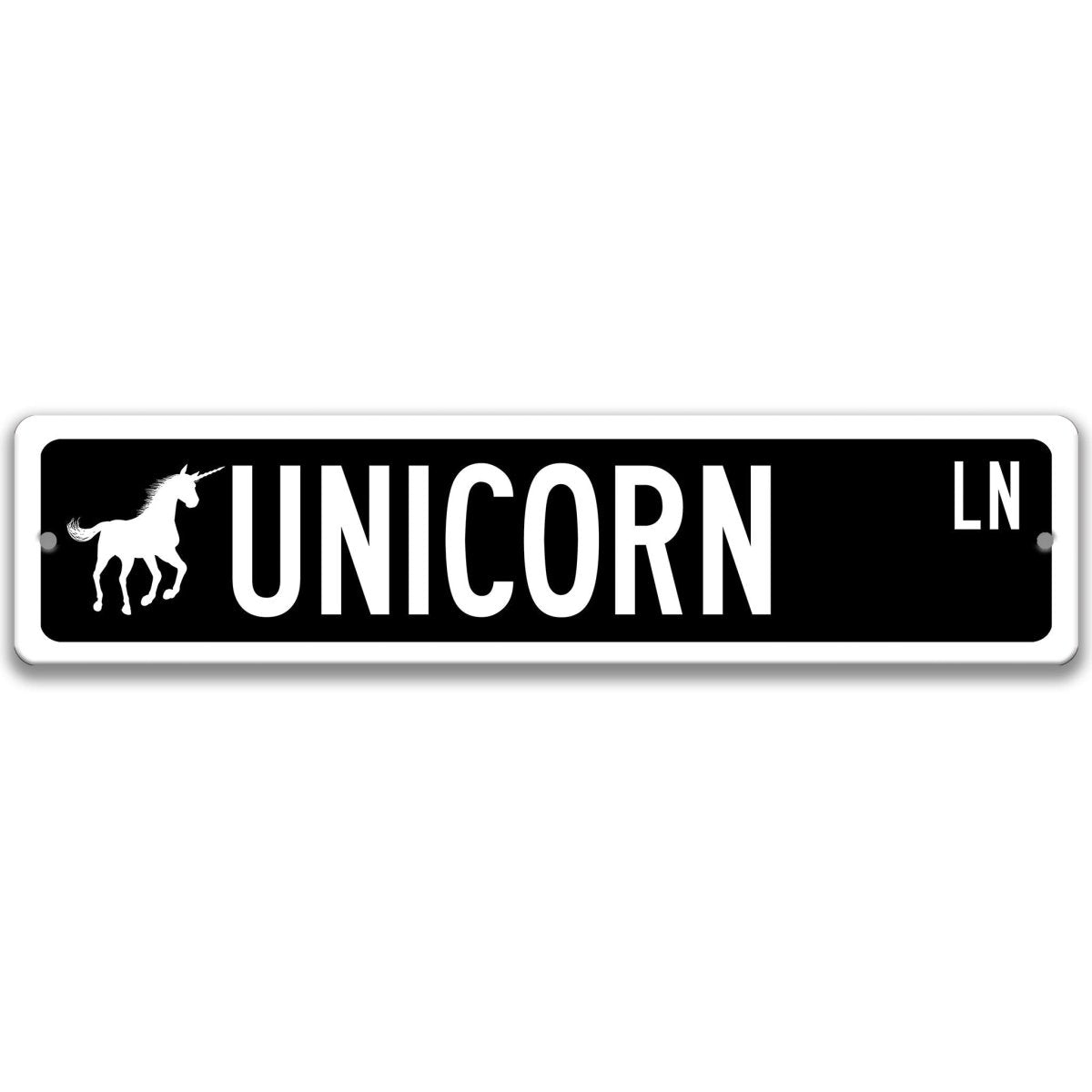 Black Unicorn aluminum street name sign with white lettering