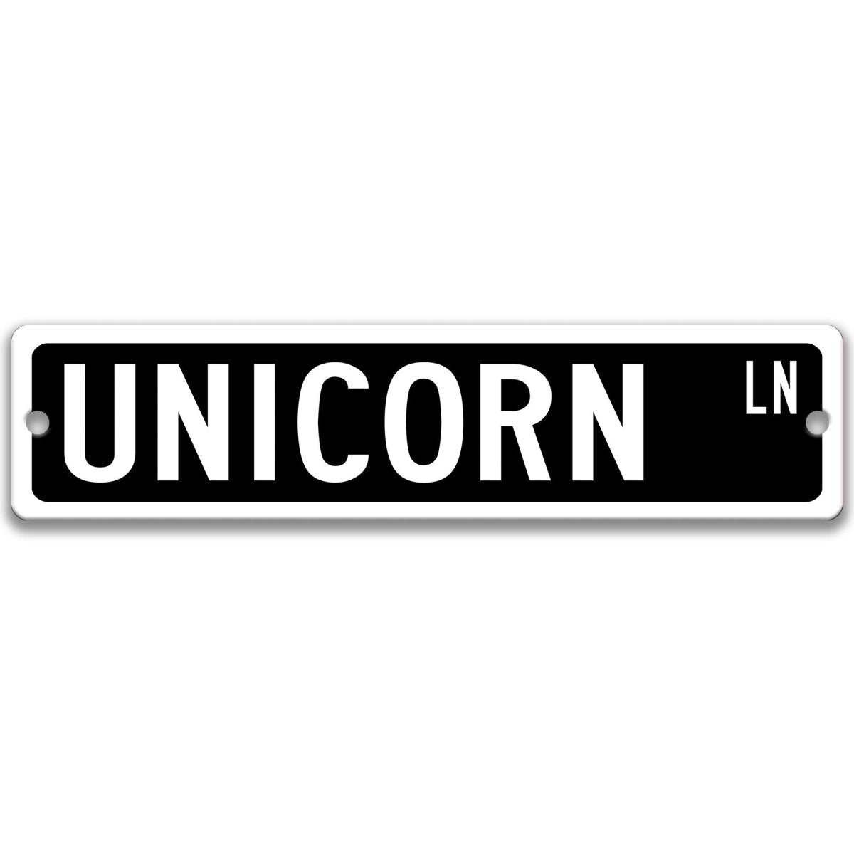 Black Unicorn aluminum street sign with white lettering