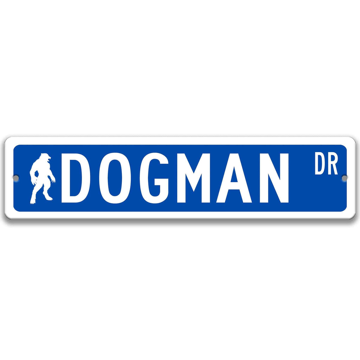Blue Dogman aluminum street name sign with white lettering