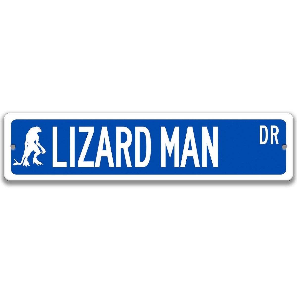 Blue Lizard Man aluminum street name sign with white lettering