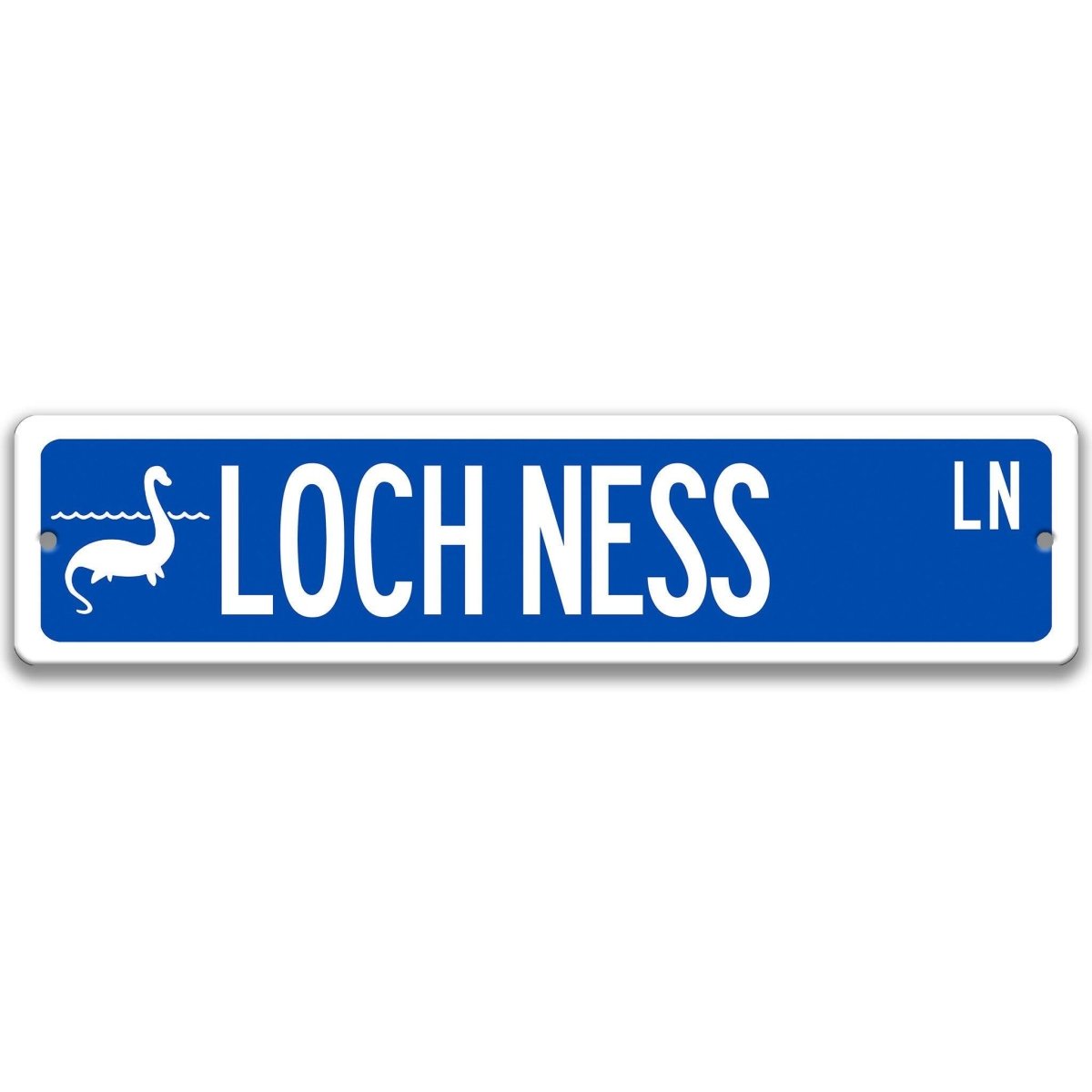 Blue Loch Ness Monster aluminum street name sign with white lettering