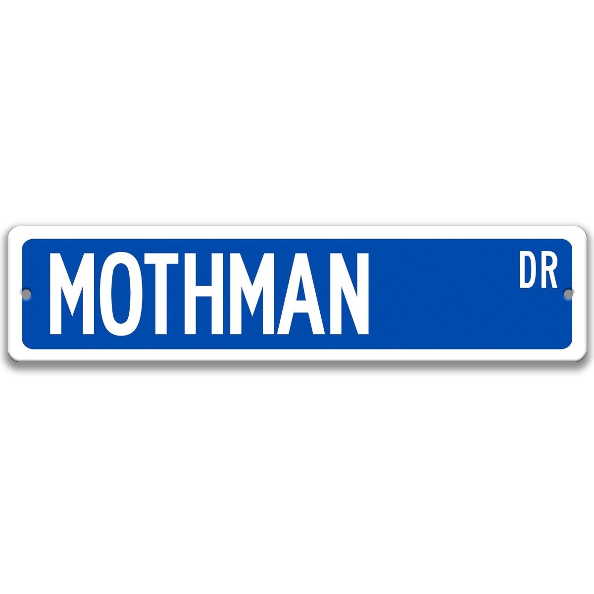 Blue Mothman aluminum street name sign with white lettering