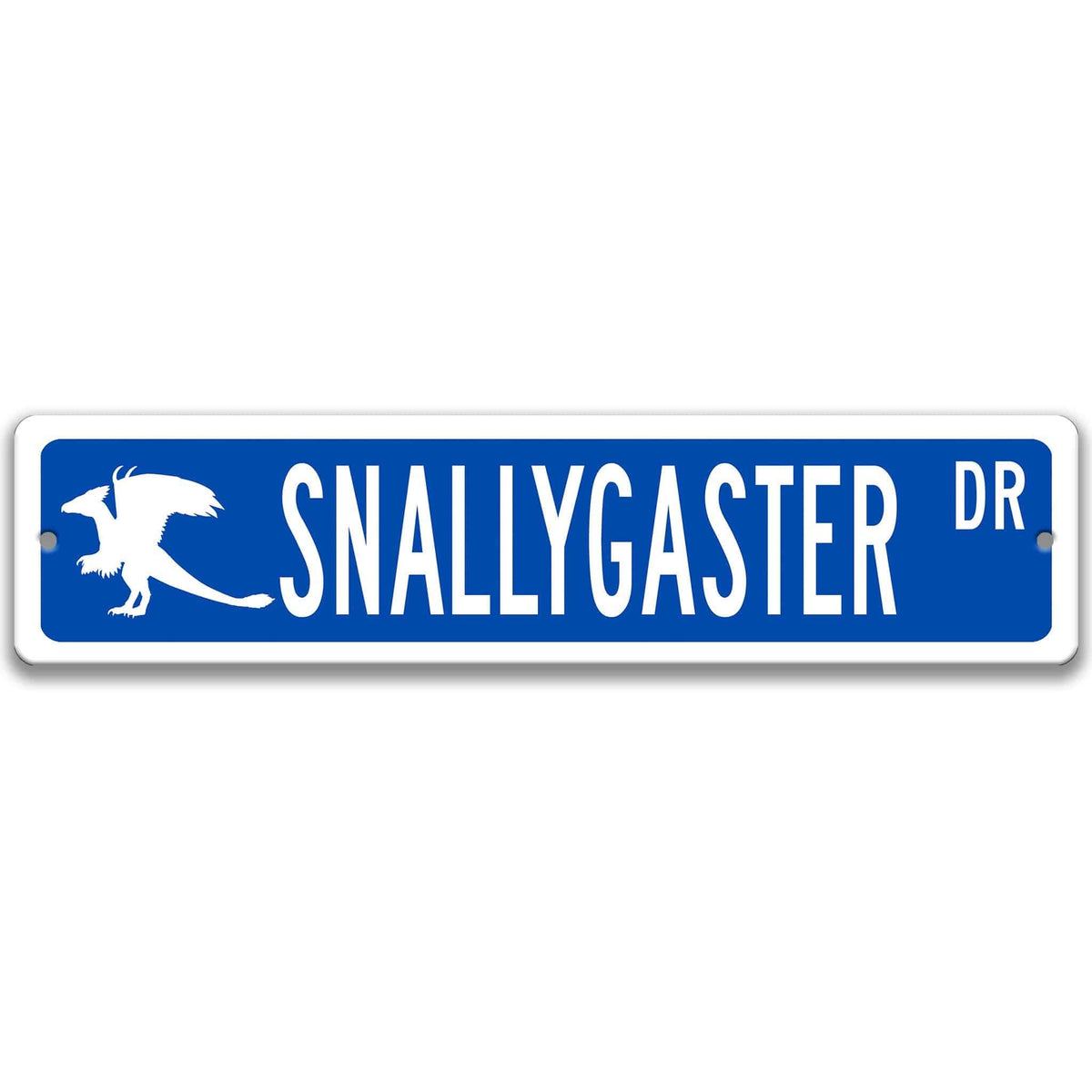 Blue Snallygaster aluminum street name sign with white lettering